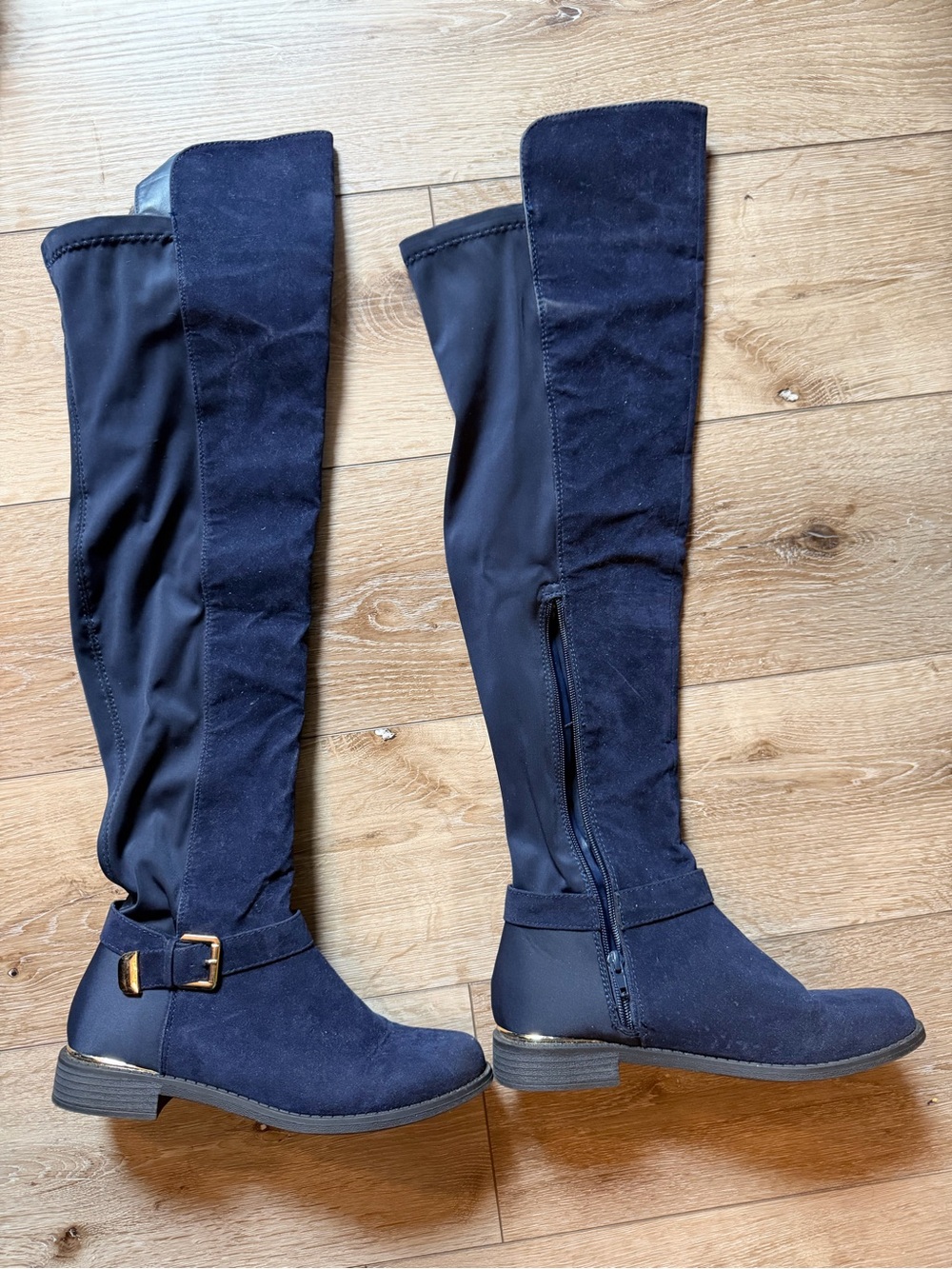 Kissandra Navy Blue Over the Knee Boots Size 8.5 Stretch Suede Look